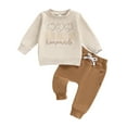 thumbnail image 1 of SonxaHe Newborn Boys Outfits Letter Print Long Sleeve Tshirts Pants Kids Thanksgiving Holiday Cozy Sports Casual Fall Outfit Set Beige,Sized 6-12 M, 1 of 6