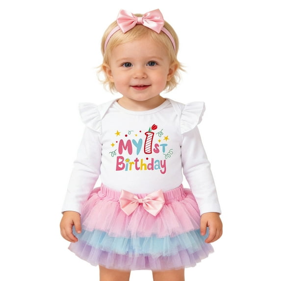 SonxaHe Newborn Girl Birthday Outfit Long Sleeve Bodysuit Skirt Headband Baby First Year Celebration Party Outfits,3-Piece White,Size 6-9 M