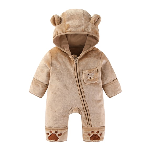 SonxaHe Newborn Girl Boy Bodysuit Fleece Lined Long Sleeve Zip Hooded Romper Cute Thermal Warm Jumpsuit for Baby Brown,Size 0-3 M