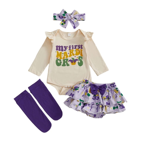 SonxaHe Newborn Girl Carnival Outfit Set Letter Prints Long Sleeve Tops Tutu Skirts Baby Holiday Stylish Cozy Outfits,4-Piece Beige,Sized 6-12 M