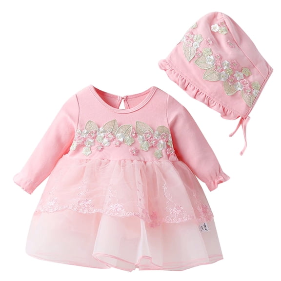 SonxaHe Newborn Girl Dress for Spring Flower Long Sleeve Tulle Dress with Hat Baby Cute Birthday Party Dresses,2-Piece Pink,Size 3-6 M