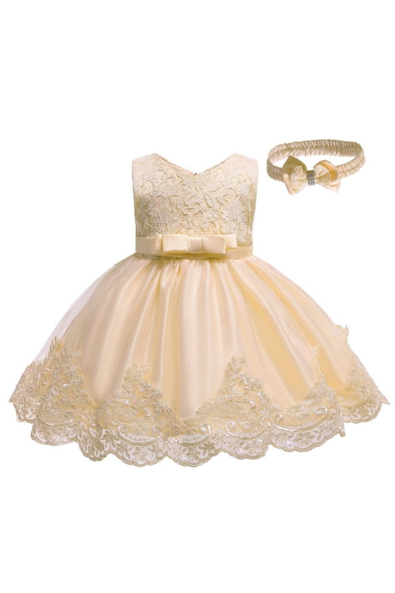 Newborn Girl Dresses Formal Lace Embroidery Sleeveless Birthday Gown Baby Fashion Evening Princess Dresses,3-Piece Beige,Size 0-24 M