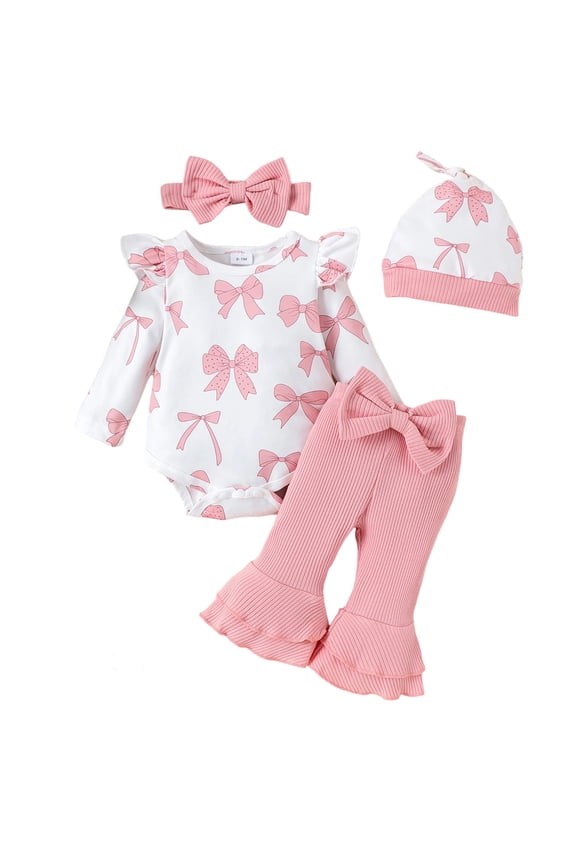 Newborn Girl Outfits Bow Prints Ruffle Long Sleeve Romper Flared Pants Headband Hat Infant Soft Cozy Fall Outfi Set Pink,Sized 0-1 M