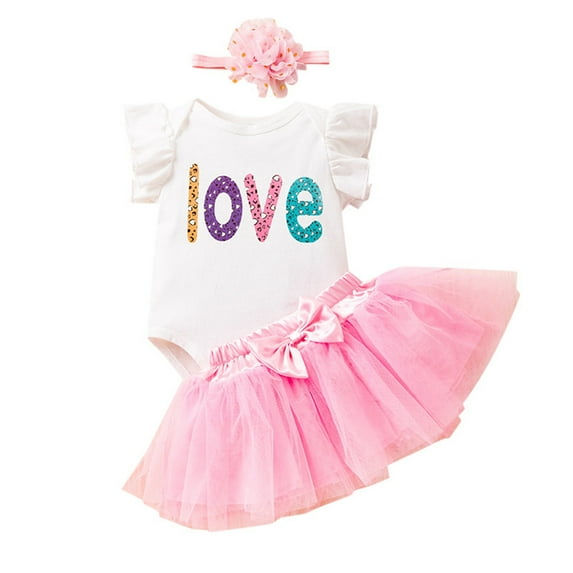 SonxaHe Newborn Girl Outfits Valentine's Day Graphic Puff Sleeve Bodysuit Tutu Skirts Baby Festive Stylish Outfit Set,3-Piece Pink,Size 6-9 M