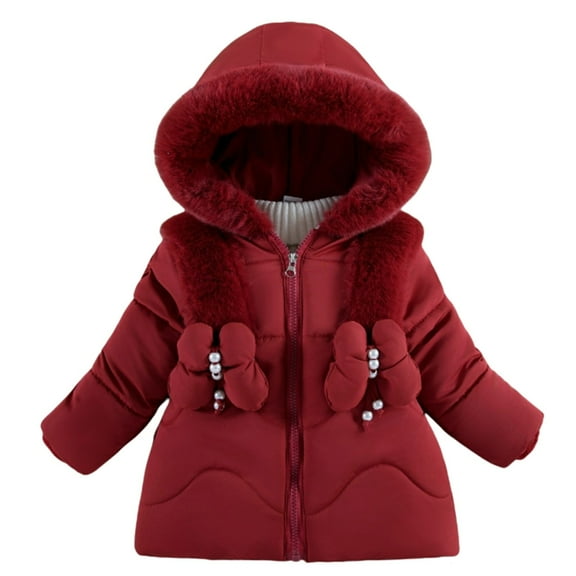 SonxaHe Newborn Girl' Puffer Coat Faux Fur Hood Warm Mid Length Outerwear Stylish Quilted Windproof Winter Coats Red,Sized 6-12 M