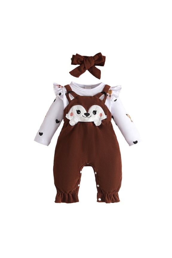 Newborn Girl Romper Cartoon Fox Print Long Sleeve Suspenders Jumpsuit Headband Clothes,2-Piece for Kids Brown,Size 0-3 M