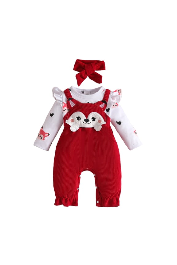 Newborn Girl Romper Cartoon Fox Print Long Sleeve Suspenders Jumpsuit Headband Clothes,2-Piece for Kids Red,Size 3-6 M