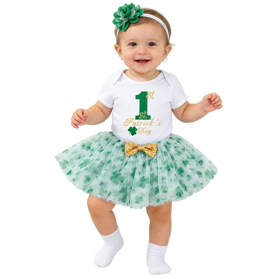SonxaHe Newborn Girl's Outfit Set St. Patrick's Day Short Sleeve Graphic Bodysuit Skirt for Baby Cute Cozy Outfits,3-Piece White,Size 0-3 M