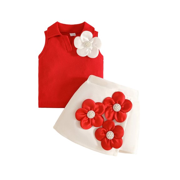 SonxaHe Newborn Girl's Outfits Flower Sleeveless Lapel Ribbed Knitted T Shirt Skirt Baby Stylish Comfy Soft Outfit Set Red,Sized 6-9 M