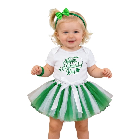 SonxaHe Newborn Girls Outfits St. Patrick's Day Letter Short Sleeve Bodysuit Skirt Headband Baby Cute Outfit Set,3-Piece Green,Size 0-3 M