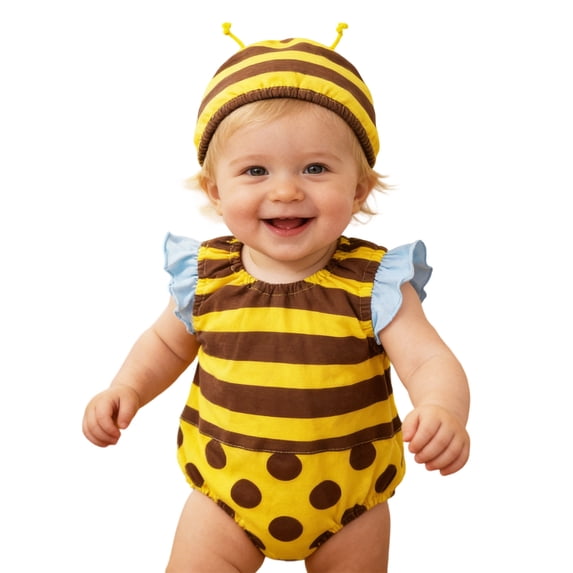 SonxaHe Newborn Girls' Romper Cartoon Bee Pattern Ruffle Sleeve Bodysuit Kids Summer Party Dance Clothes,2-Piece Yellow,Size 3-6 M