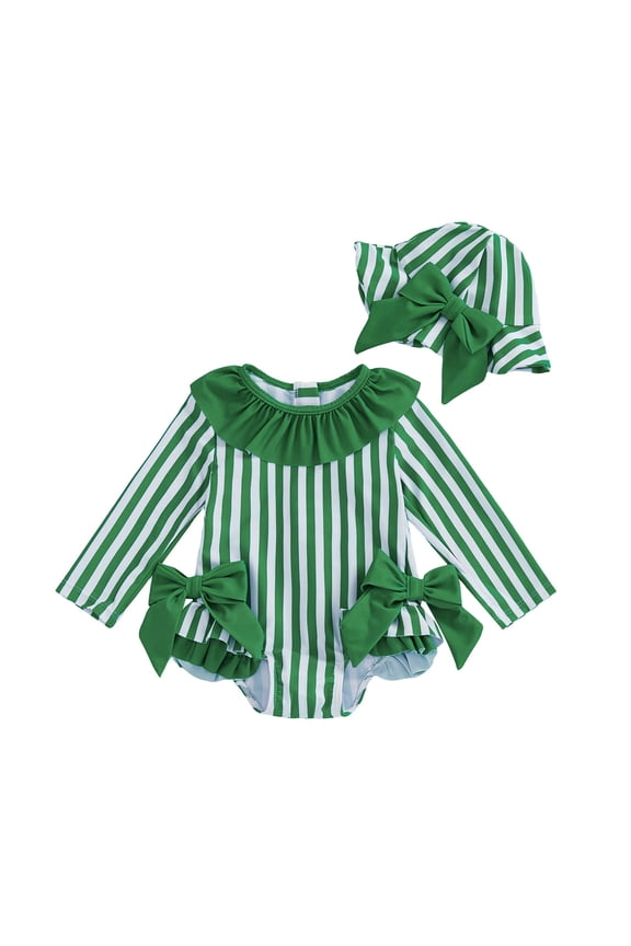 Newborn Girls Swimsuit Upf 50 Sun Ruffles Long Sleeve Striped Rash Guard Hat Baby Summer Beach Pool Bathing Suit Green,Size 6-12 M