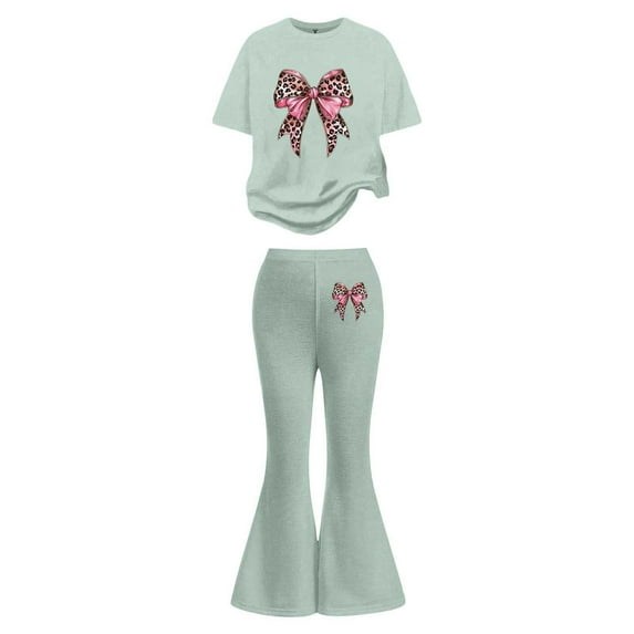 SonxaHe Outfits for Big Girl Cute Bow Print Short Sleeve Tee Flared Pants Fashion Spring Soft Outfit Set for Kid Green,Size 9-10 Y