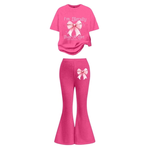 SonxaHe Outfits for Big Girl Valentine's Day Bow Print Short Sleeve Tshirt Flared Pants Child Active Cozy Outfit Set Pink,Size 8-9