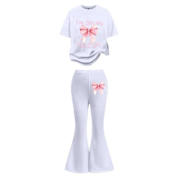 SonxaHe Outfits for Big Girl Valentine's Day Bow Print Short Sleeve Tshirt Flared Pants Child Active Cozy Outfit Set White,Size 12-13