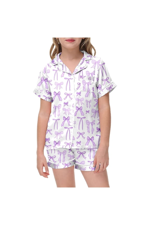 Outfits for Little Girl Bow Graphics Short Sleeve Shirts Shorts Kids Summer Loose Cozy Homewear Outfit Set Purple,Size 6-7 Y