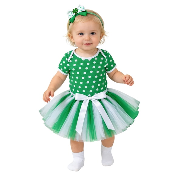 SonxaHe Outfits for Newborn Girls St. Patrick's Day Short Sleeve Bodysuit Tutu Skirt Headband Baby Cute Outfit Set,3-Piece Green,Size 6-12 M