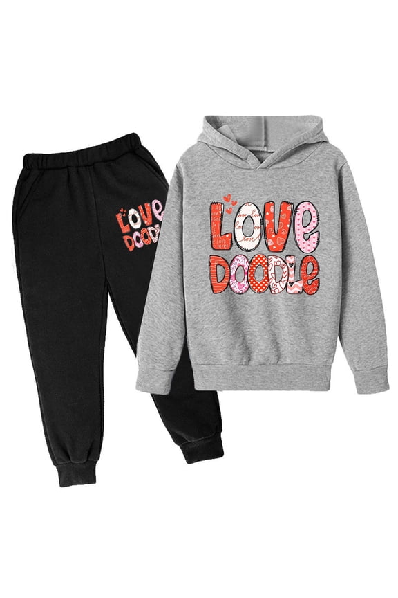 Outfits for Toddler Boy Valentine's Day Letter Hooded Sweatshirt Pants Kids Comfortable Sports Casual Outfit Set Beige,Size 3-4