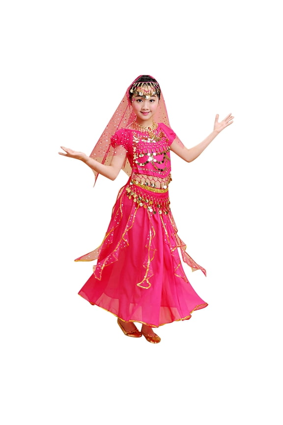 Outfits for Toddler Girl Glitter Sequin Short Sleeve Tops Skirts Kids Party Dancewear Show Outfit Set,5-Piece Pink,Size 3-4 Y