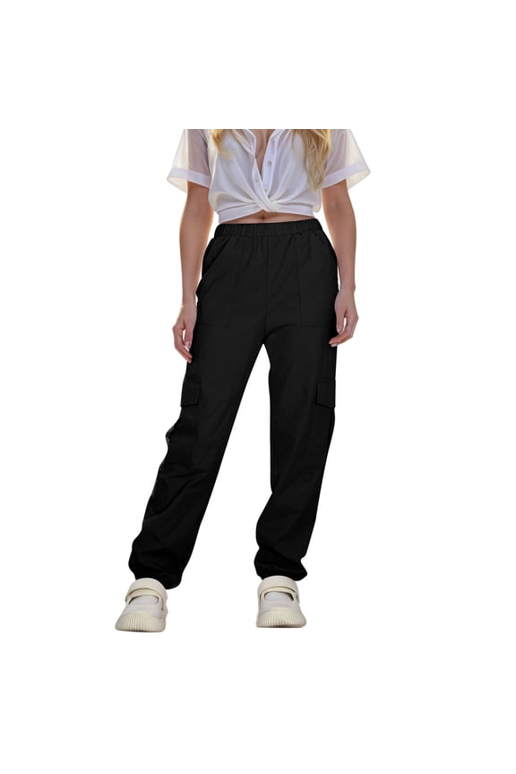 Pants for Big Girls Elastic Waist Baggy Cargo Jogger Pants Activewear Dance Durable Trousers Black,Size 7-12