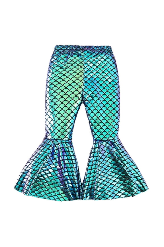 Pants for Infant Girls Shiny Scale Print Ruffle Hem Flare Leg Trousers for Kids Summer Lightweight Bottoms Blue,Size 9-12 M