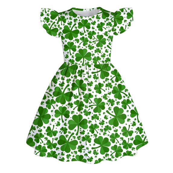 SonxaHe St. Patrick's Day Dress for Toddler Girl Short Sleeve Leaf Print Dresses Children Holiday Flowy Cozy Dress Green,Size 4-5 Y