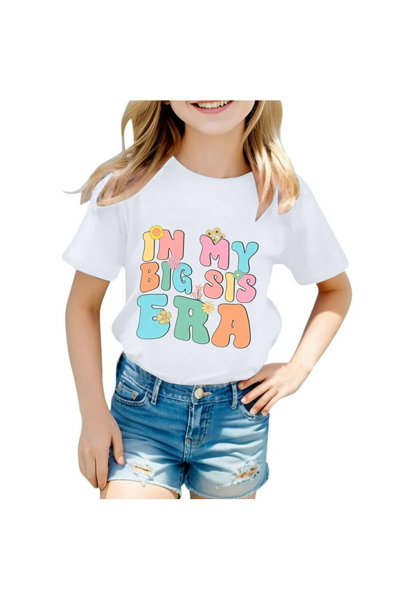 T Shirt for Infant Girl Stylish Letter Prints Crew Neck Short Sleeve Tops Child Cozy School Sports Tshirts White,Szie 1-2 Y