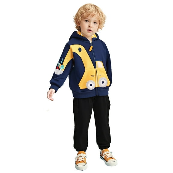 SonxaHe Toddler Boy Hooded Sweatshirts Fleece Lined Car Print Zip Up Long Sleeve Fall Outerwear Soft Tops Blue,Sized 3-4