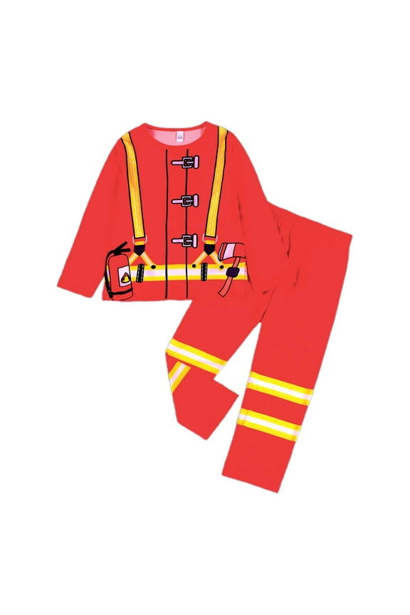 Toddler Boy' Outfit Set Fireman Role Play Tshirt Pants Kids Comfy Loose Home Wear Loungewear Outfits Orange,Sized 3-4