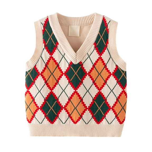 SonxaHe Toddler Boy Sweater Plaid Prints V-Neck Sleeveless School Knitted Vest Top Warm Cozy Fall Sweaters Yellow,Sized 3-4
