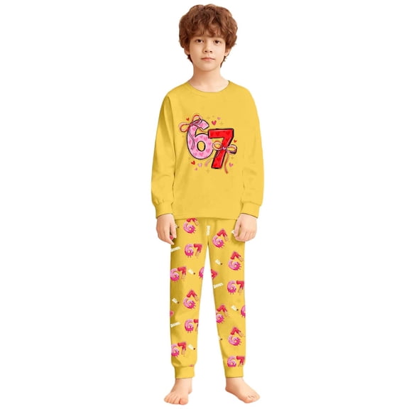 SonxaHe Toddler Boy Valentine's Day Outfits Six Seven Print Long Sleeve Soft Tshirt Pants Sleepwear Loose Comfy Nightwear Outfits Yellow,Sized 2-3