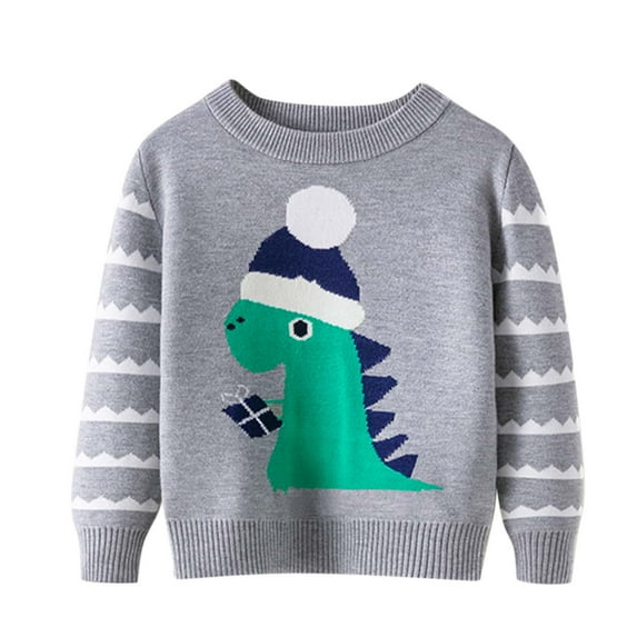 SonxaHe Toddler Boy's Christmas Sweaters Dinosaur Print Long Sleeved Knit Top Kids Fleece Lined Warm Holiday Winter Sweater Gray,Sized 2-3