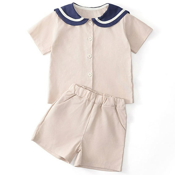 SonxaHe Toddler Boy's Outfit Set Navy Style Linen Short Sleeve Shirts Shorts Thin Cozy Summer Spring Outfits for Teen Kids Beige,Size 3-4 Y