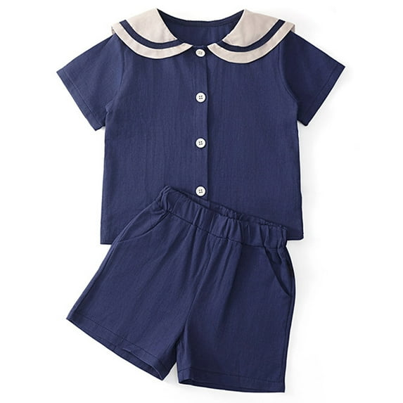 SonxaHe Toddler Boy's Outfit Set Navy Style Linen Short Sleeve Shirts Shorts Thin Cozy Summer Spring Outfits for Teen Kids Blue,Size 4-5 Y