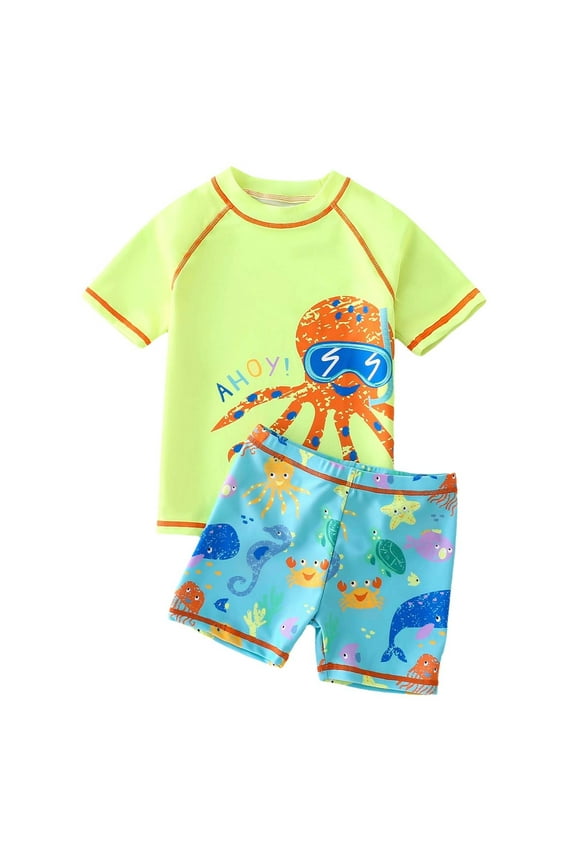 Toddler Boy's Swimsuit Cartoon Prints Short Sleeve T Shirt Shorts Children Training Hot Spring Two Piece Swimwear Green,Size 3-4 Y