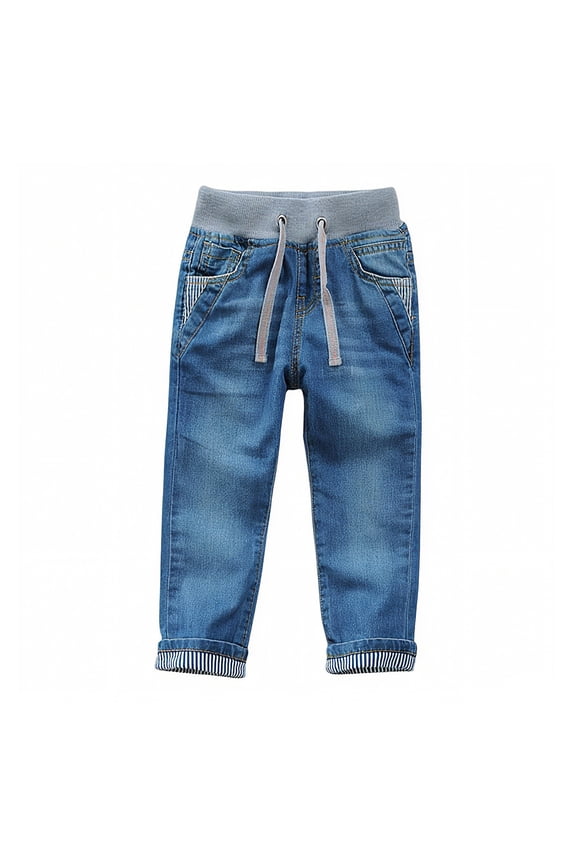 Toddler Boys' Jeans Drawstring Elastic Waist Straight Leg Denim Pants with Pockets Kids Active Athletic Casual Jeans Blue,Sized 4-5