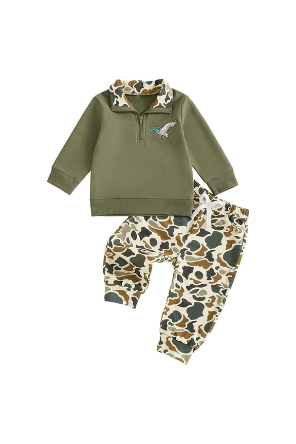 Toddler Boys Outfit Set Camo Prints Long Sleeve Half Zip Top Pants for Teen Outerwear Cozy Basic Casual Outfits Green,Size 2-3 Y