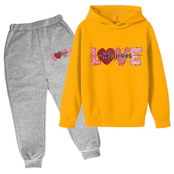 SonxaHe Toddler Boys Outfits Valentine's Day Letter Graphic Hoodie Sweatpant Children Breathable Loose Athletic Outfit Set Beige,Size 3-4