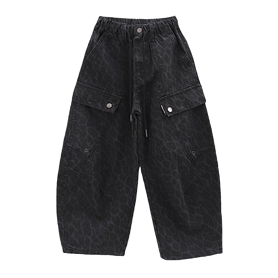 SonxaHe Toddler Boys' Pants Leopard Print Loose Wide Leg Cargo Trousers Children Stylish Streetwear Outdoor Pants Black,Size 4-5 Y