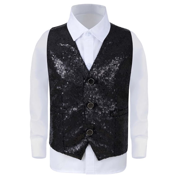 SonxaHe Toddler Boys T Shirt Glitter Sleeveless Button Top with Sequins Kids Loose Shows Party Casual Tshirts Black,Sized 4-5