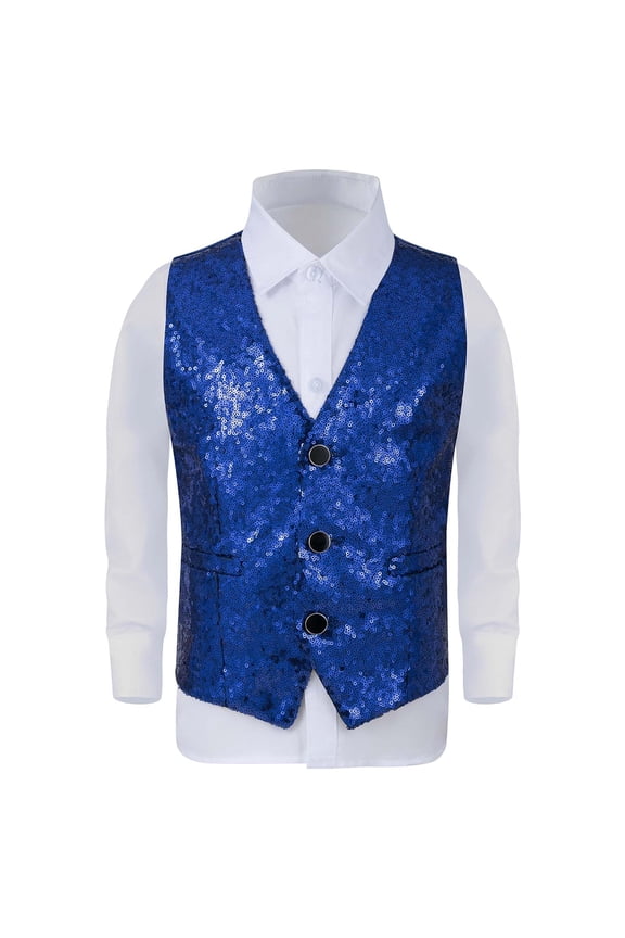 Toddler Boys T Shirt Glitter Sleeveless Button Top with Sequins Kids Loose Shows Party Casual Tshirts Blue,Sized 4-5