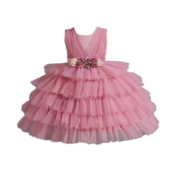 SonxaHe Toddler Girl Dress Flower Sleeveless V-Neck Tulle Cake Ball Gown Kids Birthday Party Holiday Princess Dresses Pink,Sized 2-3