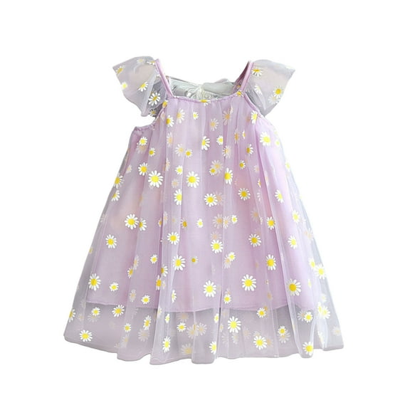 SonxaHe Toddler Girl Dress Ruffle Sleeve Floral Prints Tulle Dress Children Cute Holiday Party Princess Dresses Purple,Sized 2-3