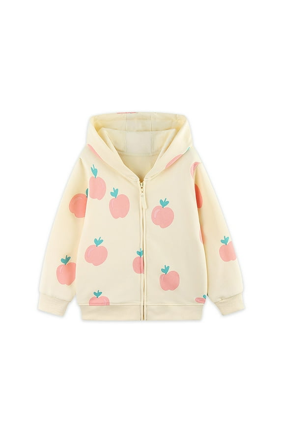 Toddler Girl Hooded Sweatshirt Apple Prints Long Sleeve Zip Up Knit Casual Outerwear Autumn Jacket Yellow,Sized 3-4