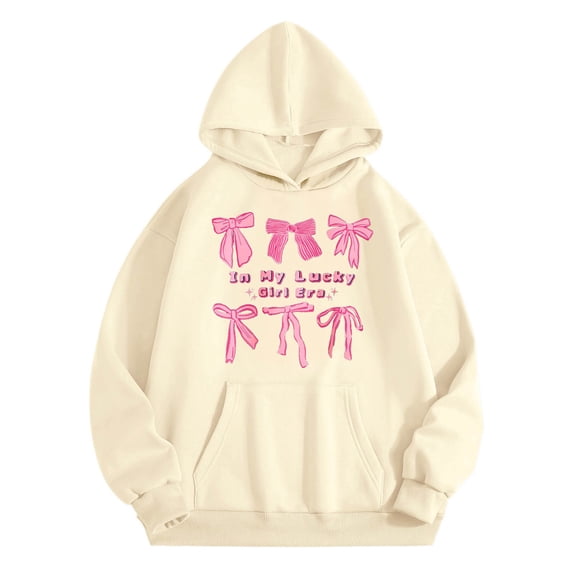 SonxaHe Toddler Girl Hooded Sweatshirt Bow Prints Hoodies with Pockets Child Outdoor Breathable Athletic Loose Clothes Beige,Size 2-3 Y