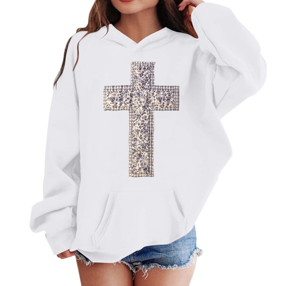 SonxaHe Toddler Girl Hooded Sweatshirt Long Sleeve Cross Prints Comfy Fall Winter Drop Shoulder Hoodie White,Sized 3-4
