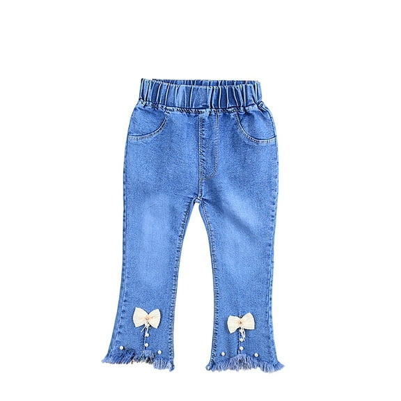 SonxaHe Toddler Girl Jeans with Bow Stretch Waist Flared Denim Pants Active Comfortable Spring Jeans for Teens Blue,Size 4-5 Y