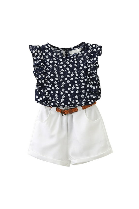Toddler Girl Outfit Set Floral Prints Sleeveless Blouse Shorts Child Summer Soft Cozy Fashion Outfits,3-Piece White,Size 2-3 Y