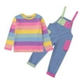 thumbnail image 1 of SonxaHe Toddler Girl Outfit Set Stripe Long Sleeve T Shirt Suspender Denim Pants Loose Streetwear Fall Outfits Pink,Sized 3-4, 1 of 8