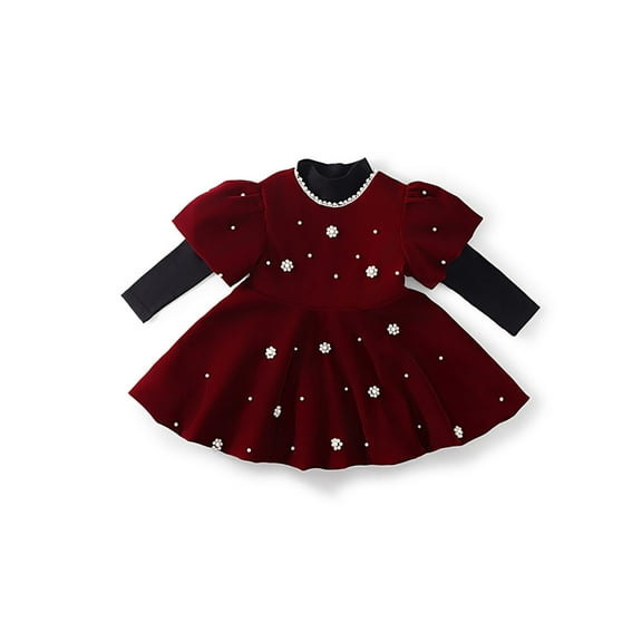 SonxaHe Toddler Girl Outfits Elegant Red Pearl Puff Sleeve Dress Long Sleeve Shirt Holiday Formal Winter Outfit Set Red,Sized 3-4
